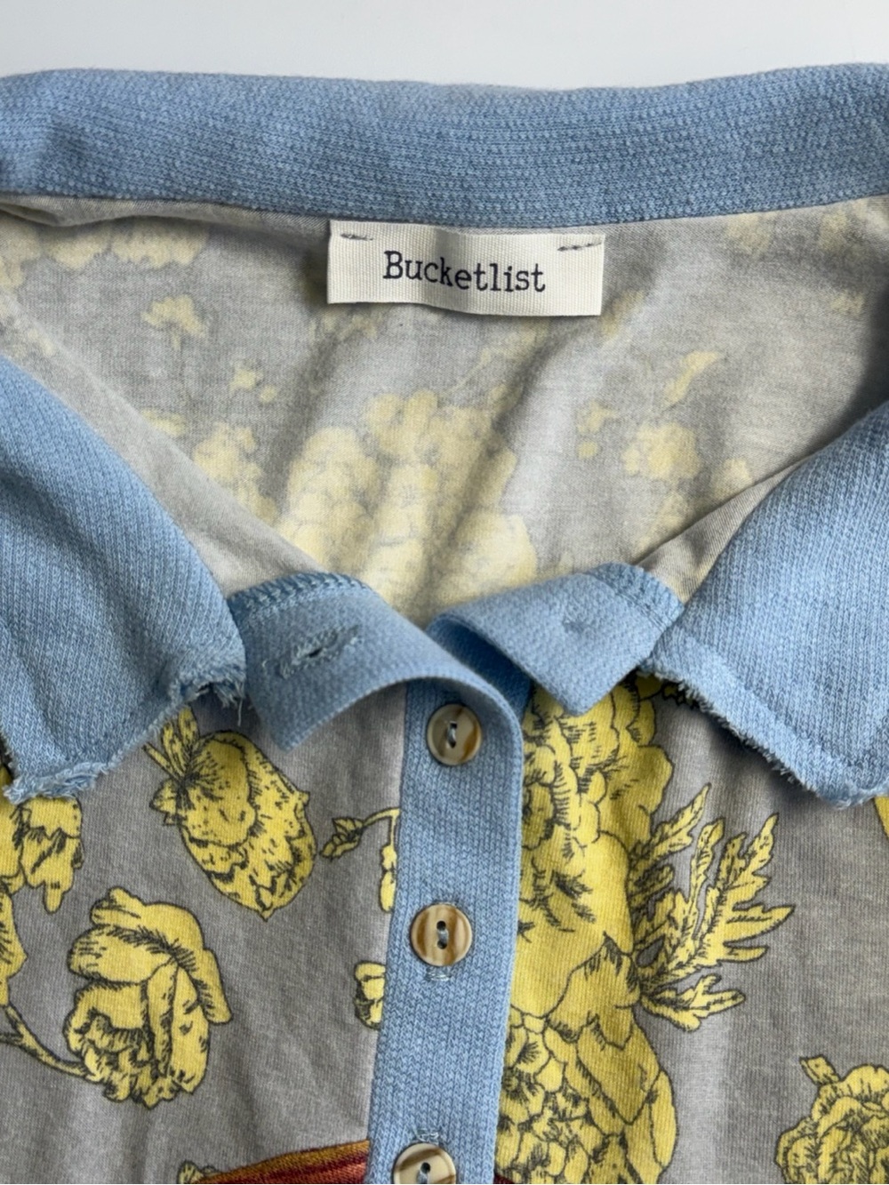 Bucketlist Floral Patchwork Henley Top Blue Yellow Boho Made in USA Size Small - Picture 3 of 9